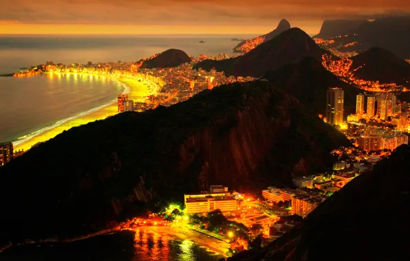 Картинка море, ночь, город, огни, Бразилия, Рио-де-Жанейро