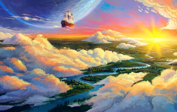 Картинка облака, пейзаж, река, земля, корабль, планета, арт
