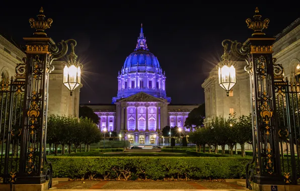 Картинка небо, ночь, огни, ворота, фонари, Сан-Франциско, США, дворец, City Hall