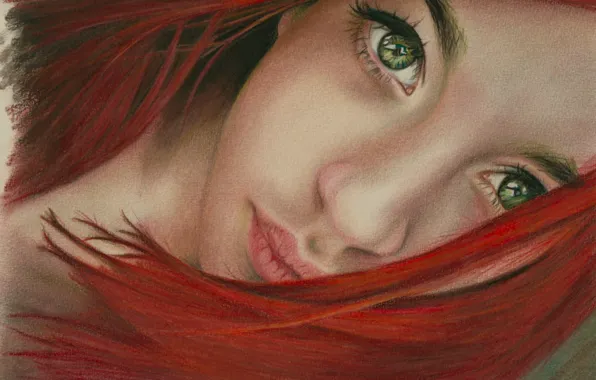 Картинка глаза, взгляд, девушка, лицо, волосы, арт, зеленые, губы, рыжая, живопись, шея