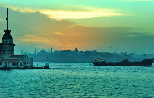 Картинка пролив, маяк, панорама, Стамбул, Турция, Босфор