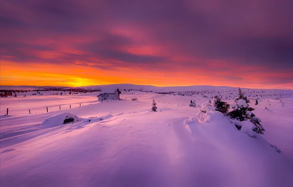 Картинка зима, свет, снег, утро, Норвегия, домик, Декабрь