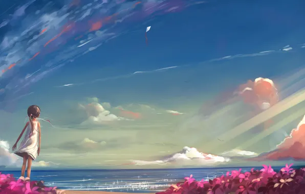 Картинка море, лето, небо, солнце, рисунок, девочка