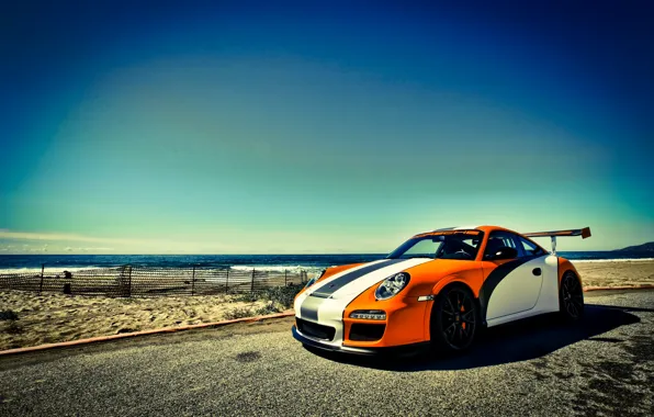 Картинка море, небо, оранжевый, 911, Porsche, порше, GT3, orange