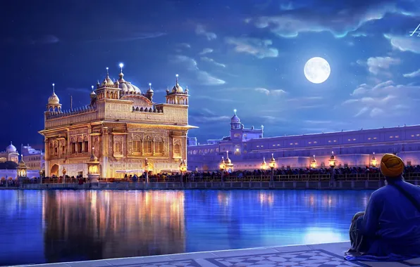 Картинка ночь, город, огни, река, люди, луна, человек, арт, India, Punjab, The Golden temple