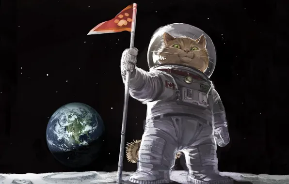 Картинка кот, космос, картина, флаг, арт, живопись, котяра, painting, земля., скафандре, высадка на луну