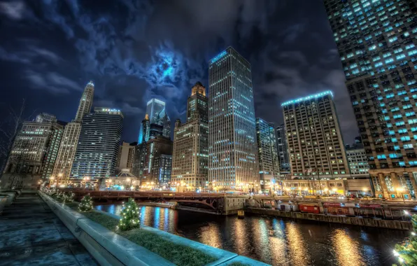 Картинка вода, ночь, город, огни, отражение, канал, америка, чикаго, сша, штаты, usa, u.s.a., chicago