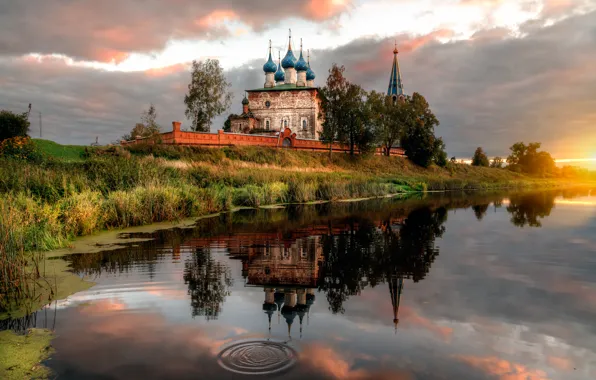 Картинка закат, река, храм, Россия, Ивановская область