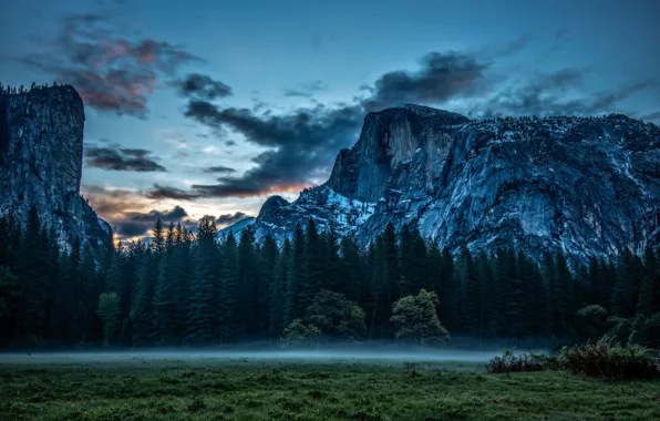 Картинка облака, природа, туман, скалы, луг, Йосемити, Yosemite, California, National park