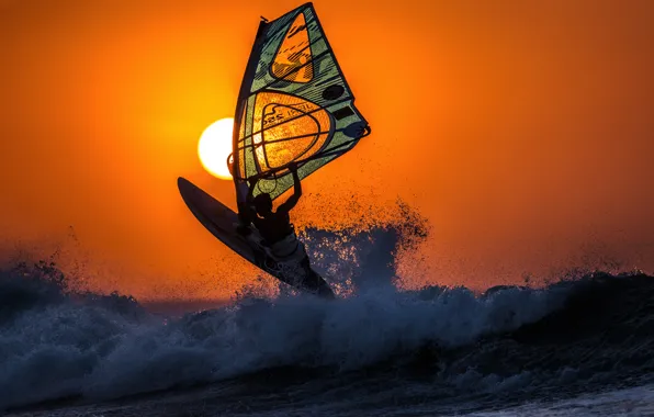 Картинка sunset, wave, windsurfing