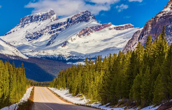 Картинка дорога, небо, облака, снег, деревья, горы, canada, alberta, banff national park