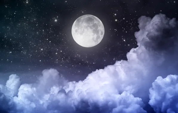 Картинка небо, звезды, облака, пейзаж, ночь, Луна, moon, лунный свет, sky, landscape, night, clouds, stars, полночь, …