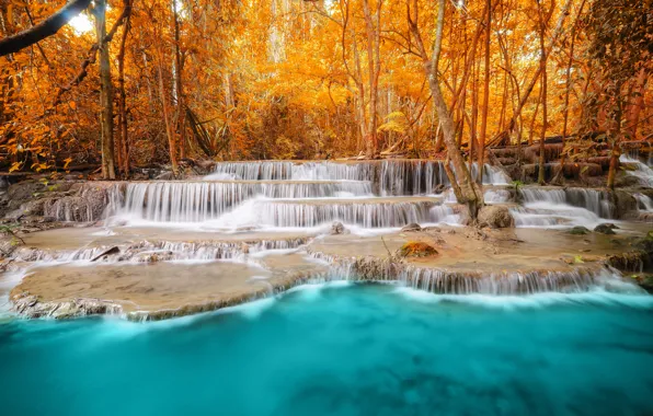 Картинка осень, лес, деревья, пейзаж, природа, река, водопад, голубая вода