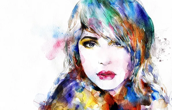 Картинка девушка, лицо, портрет, акварель, разноцветный