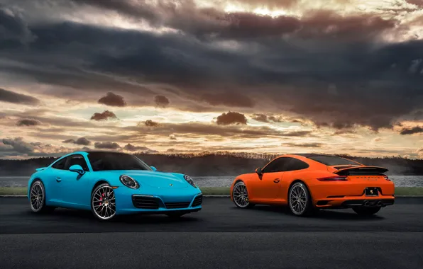Картинка 911, Porsche, Orange, Blue, Front, Carrera, Supercars, Rear, 2017