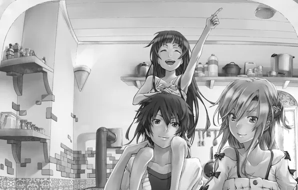 Картинка девушка, любовь, счастье, улыбка, чёрно-белое, аниме, семья, кухня, девочка, банки, парень, Sword Art Online