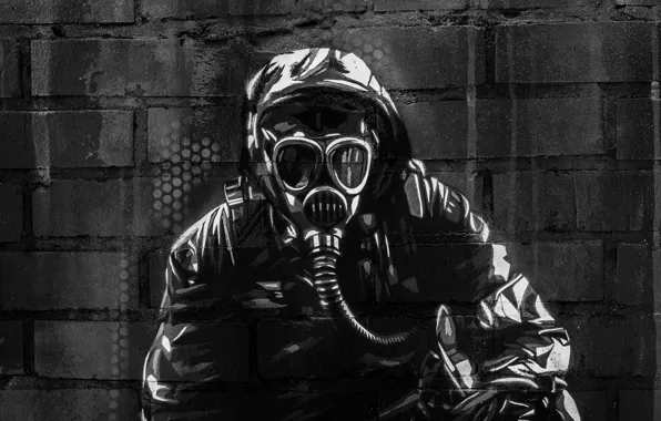 Картинка поверхность, стена, граффити, текстура, маска, автомат, противогаз, graffiti, сталкер, военный, снаряжение, кирпичная, выживший, wallpaper., street …