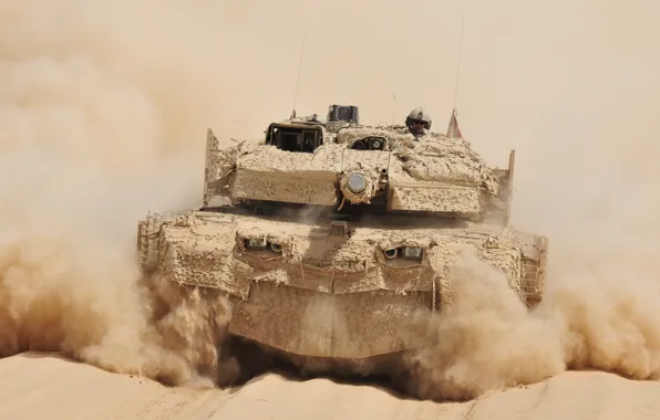 Картинка пыль, танк, боевой, едет, Афганистан, немецкий, основной, Leopard 2A5 DK, ВС Дании, пустынный камуфляж SAAB …