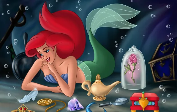 Картинка замок, мультфильм, русалка, сказка, сундук, сокровища, подводный мир, принцесса, sea, Ariel, Ариэль, flowers, шпага, castle, …