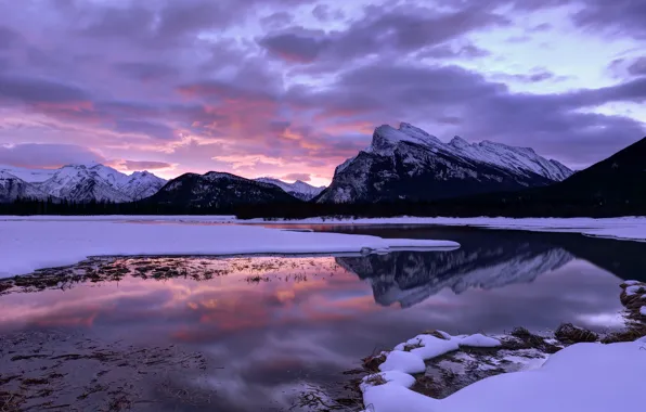 Картинка небо, облака, горы, озеро, отражение, рассвет, утро, Канада, Альберта, Национальный Парк, Банф