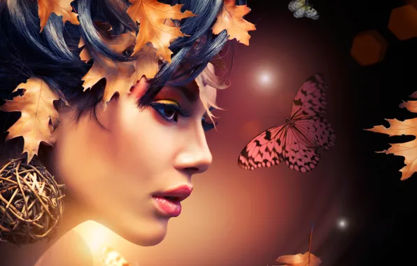 Картинка листья, девушка, абстракция, лицо, бабочка, макияж, профиль
