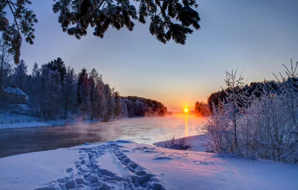 Картинка зима, небо, облака, снег, пейзаж, закат, природа, река, white, белые, river, sky, landscape, nature, sunset, …