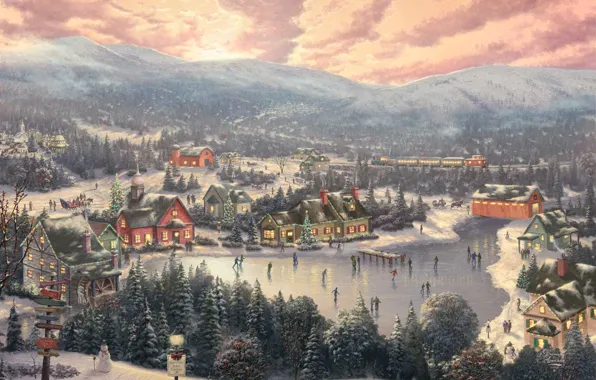 Картинка зима, лес, закат, горы, мост, город, озеро, праздник, поезд, ель, Рождество, мельница, Новый год, снеговик, …