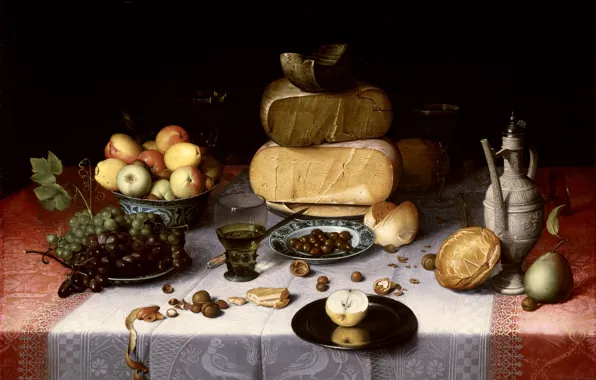 Картинка еда, картина, виноград, кувшин, Флорис Клас ван Дейк, яблоко фрукты, Натюрморт с Сыром