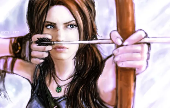 Картинка взгляд, девушка, лицо, оружие, волосы, игра, рисунок, лук, арт, перчатки, стрела, Lara Croft, Tomb raider
