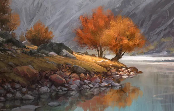 Картинка осень, деревья, горы, озеро, река, одиночество, камни, берег, один, человек, арт, сидя