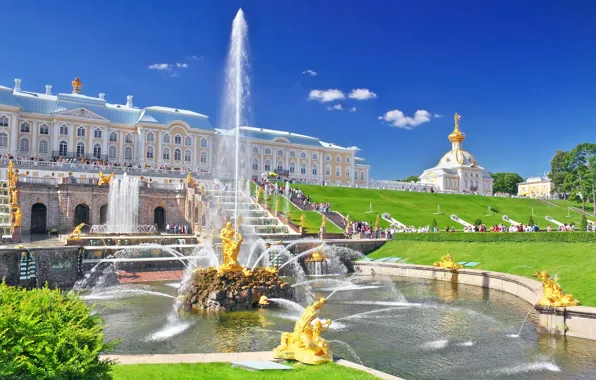 Картинка лето, Санкт-Петербург, фонтан, дворец, Петергоф, Петродворец