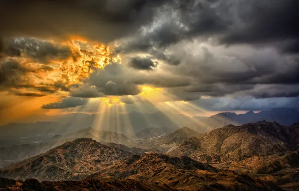 Картинка солнце, облака, горы, огонь, пустыня