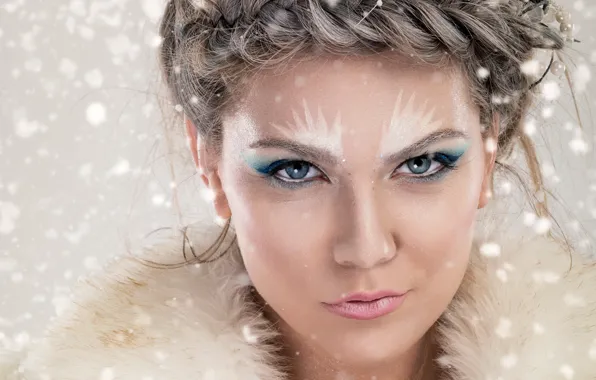 Картинка девушка, снежинки, лицо, макияж, прическа, мех, красотка, крупным планом