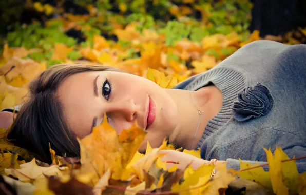 Картинка осень, взгляд, листья, поза, Девушка