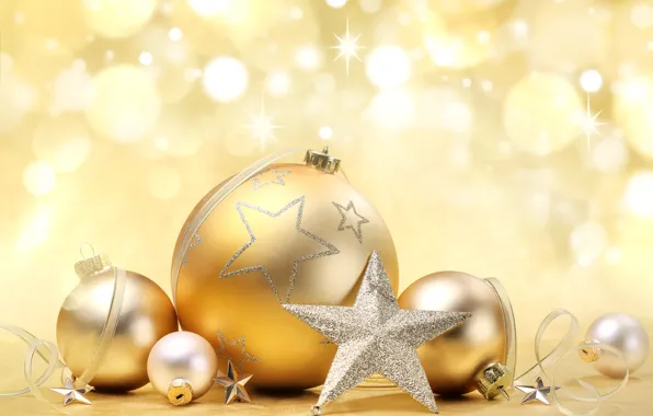 Картинка шарики, украшения, блики, шары, игрушки, звезда, Новый Год, Рождество, звёздочки, Christmas, золотые, праздники, боке, New …