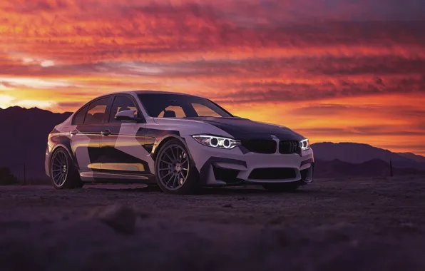 Картинка BMW, Light, Clouds, Sky, Front, Black, Sunset, White, And