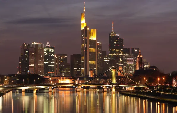 Картинка ночь, мост, огни, река, дома, Frankfurt, Germany