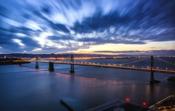 Картинка небо, облака, закат, мост, огни, вечер, освещение, подсветка, порт, Калифорния, залив, Сан-Франциско, USA, США, California, …