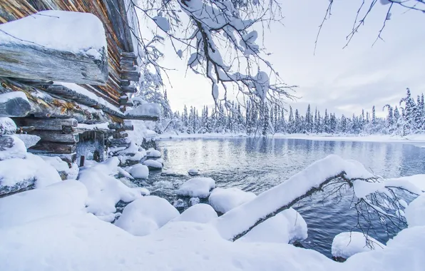 Картинка зима, снег, озеро, сугробы, Финляндия, Finland, Lapland, Лапландия, Ylläs, Äkäslompolo, Акасломполо, Юлляс