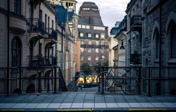 Картинка велосипед, город, улица, здания, дома, вечер, бордюр, Стокгольм, Швеция, тротуар, Sverige, Stockholm