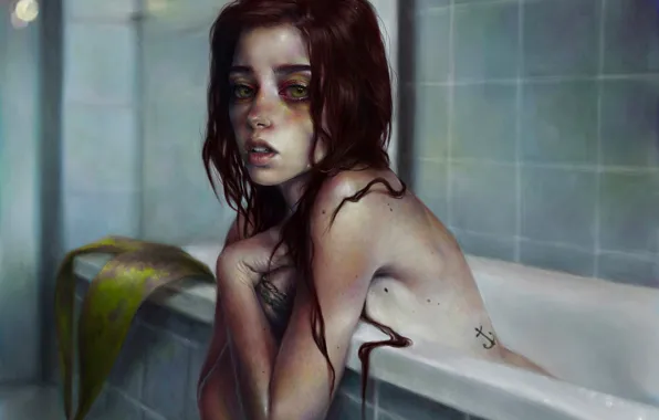 Картинка взгляд, девушка, лицо, русалка, арт, ванна, рыжая