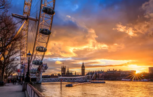 Картинка солнце, облака, закат, city, город, река, Англия, Лондон, колесо обозрения, sunset, London, Лондонский глаз, London …