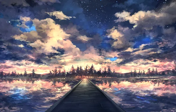 Картинка лес, небо, вода, облака, закат, мост, рисунок