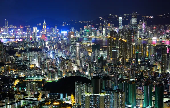 Картинка свет, ночь, город, здания, дома, Гонконг, небоскребы, вечер, Китай, Азия, высотные, Hong Kong