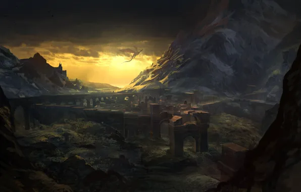 Картинка пейзаж, горы, скалы, дракон, руины, арки, the witcher 2, ведьмак 2