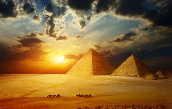Картинка небо, солнце, пейзаж, HDR, размытость, Гиза, Египет, пески, Egypt, плато, караван, боке, комплекс, пригород, travel, …