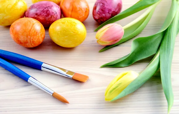 Картинка цветы, праздник, яйца, Пасха, тюльпаны, кисти, Easter, крашенки