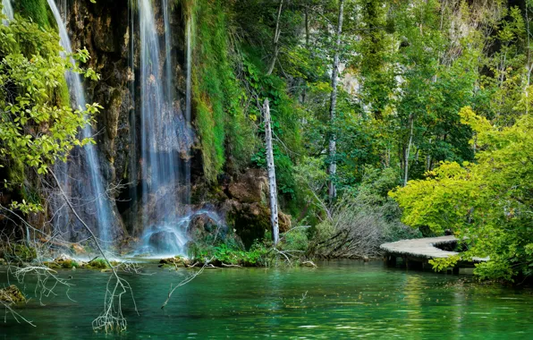 Картинка лес, озеро, камни, скалы, водопад, мостки, Хорватия, Plitvice Lakes National Park