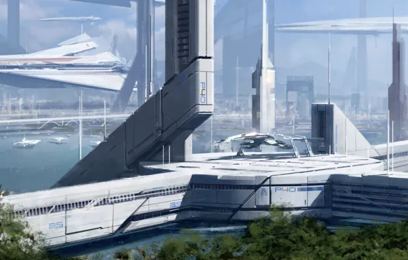 Картинка корабль, планета, станция, нормандия, Mass Effect 3, фантастика. будущее. космос