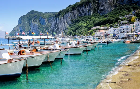Картинка море, скалы, берег, остров, дома, лодки, Италия, Italy, Capri, Капри